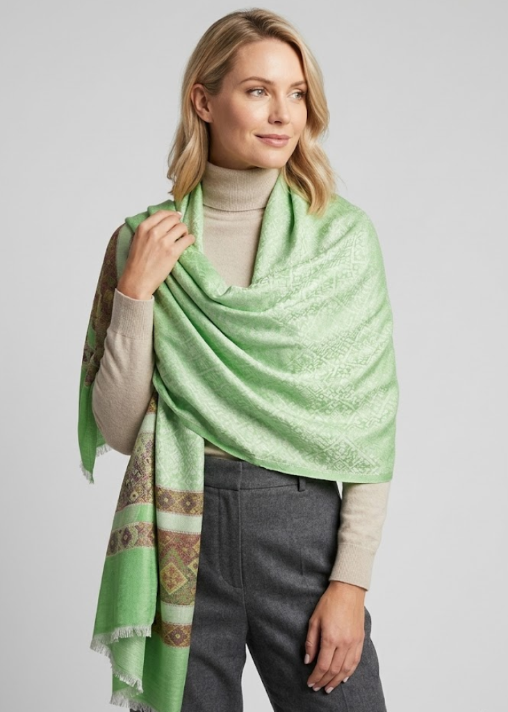 Green and peach silky scarf with a shiny tribal paisley print and fringe edges
