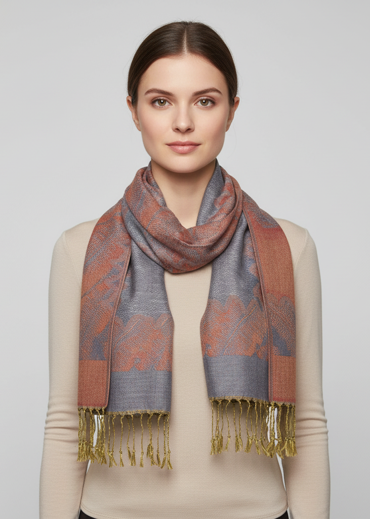Reversible jacquard paisley pashmina shawl in grey and rust tones.