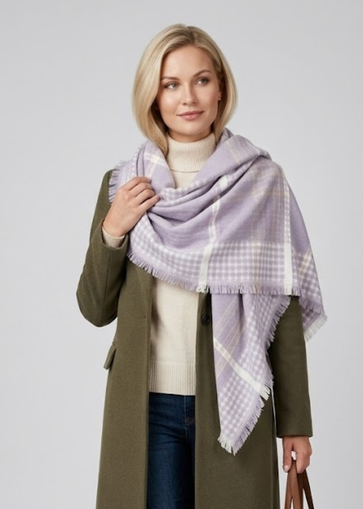 Grey white warm woven oversized tartan plaid blanket scarf shawl wrap