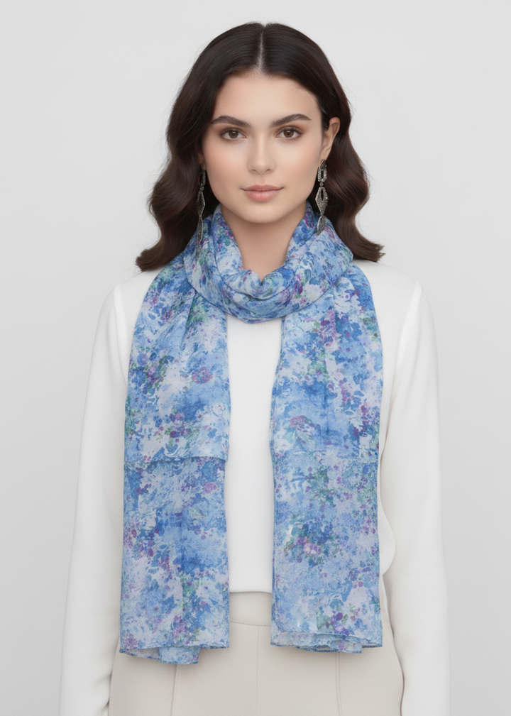 Lightweight hibiscus floral pattern summer scarf with vibrant pink and green tropical flower design
