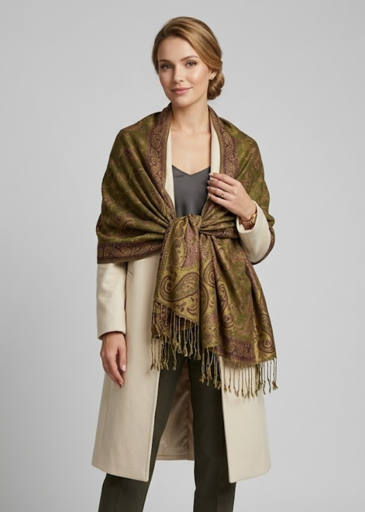 Elegant double layer reversible paisley pashmina shawl wrap scarf in hunter green and peach.