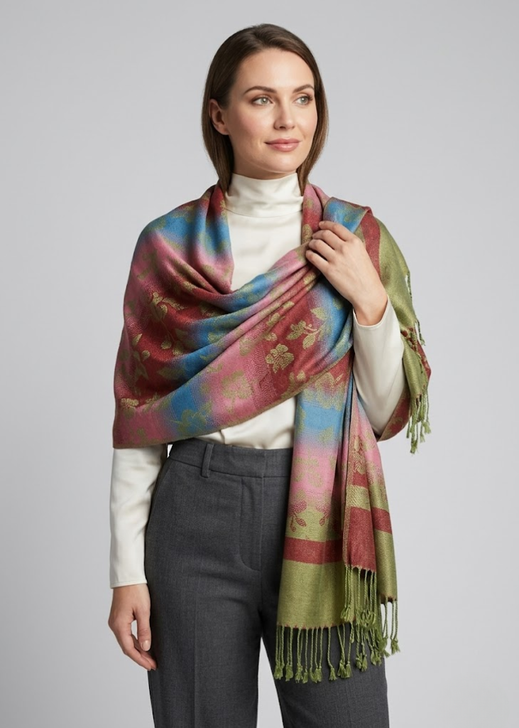 Kelly green silky tropical pashmina shawl featuring a vibrant rainbow gradient design and fringed ends.