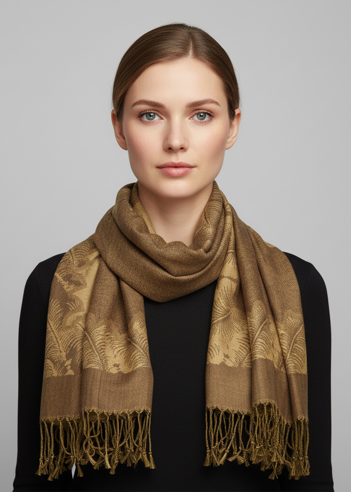 Khaki and gold reversible jacquard pashmina shawl featuring an intricate paisley pattern and fringed edges.