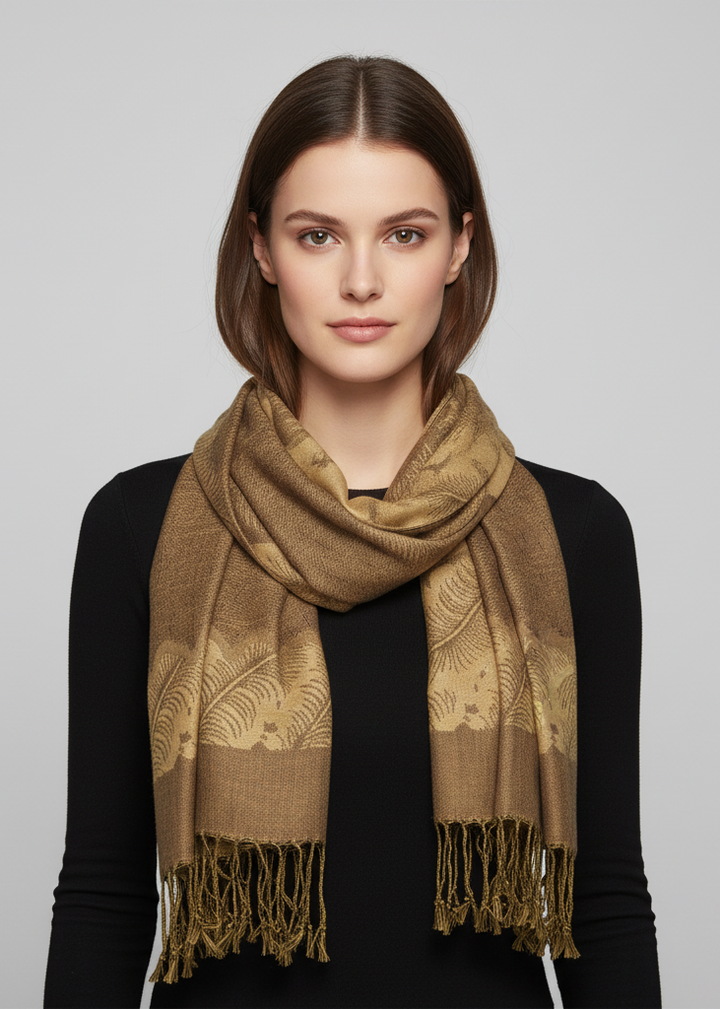 Reversible khaki and gold jacquard paisley pashmina shawl wrap for women.