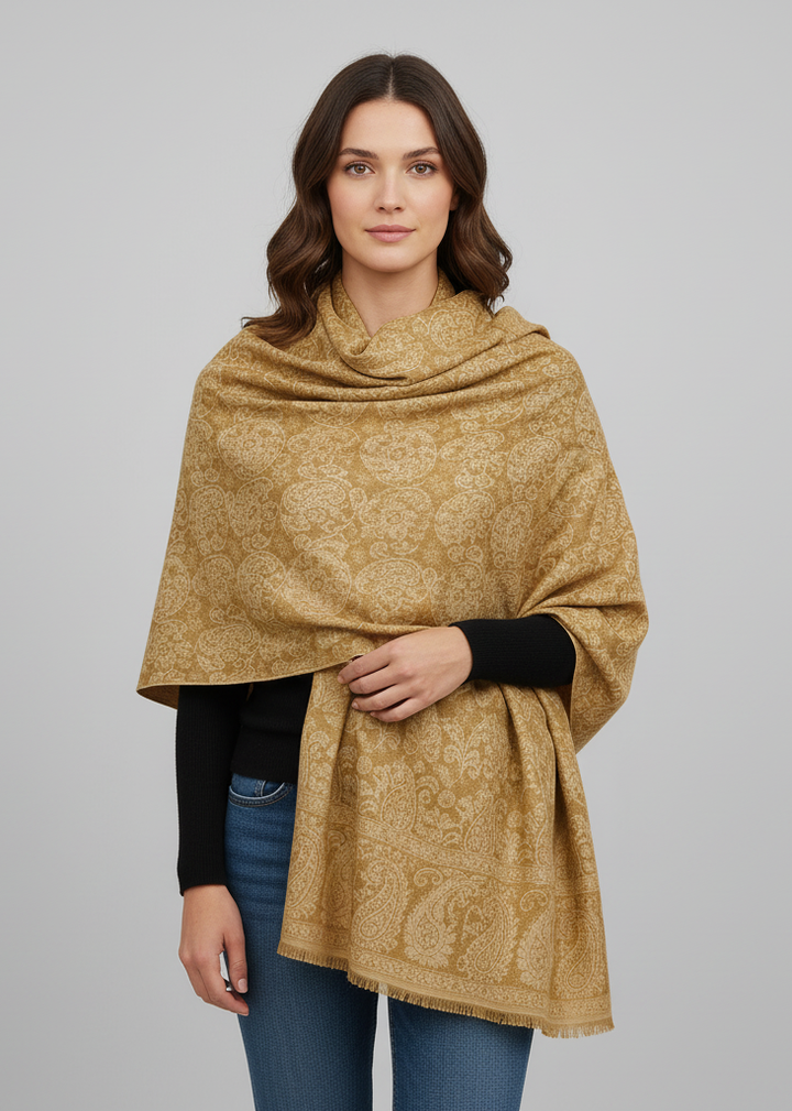 Khaki and tan reversible paisley pashmina shawl with a thick 4-ply weave and fringe trim.