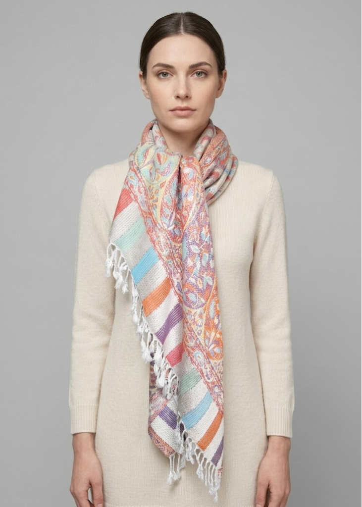 Lavender-white pashmina shawl featuring a soft pastel rainbow paisley and floral pattern with elegant fringed edges.