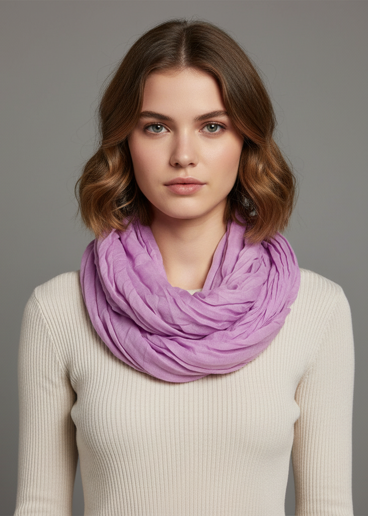 Lightweight lavender and peach crinkled infinity loop scarf with neon faded ombre design for fashion accessorizing.