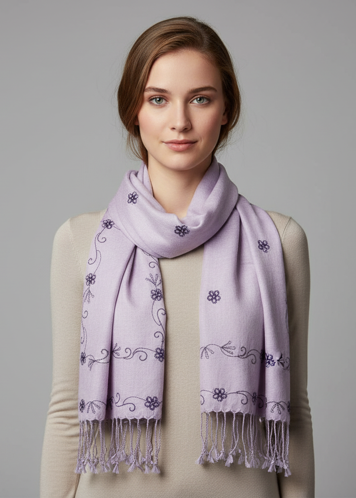 Lavender vintage floral hand-embroidered pashmina shawl scarf with intricate needlework and soft fringe edges