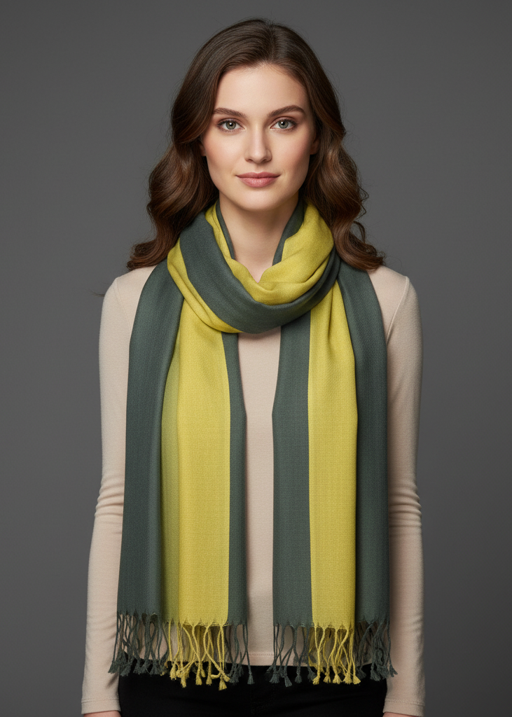 Hand-dyed lemon and lime green tie-dye pashmina shawl with soft fringe detail