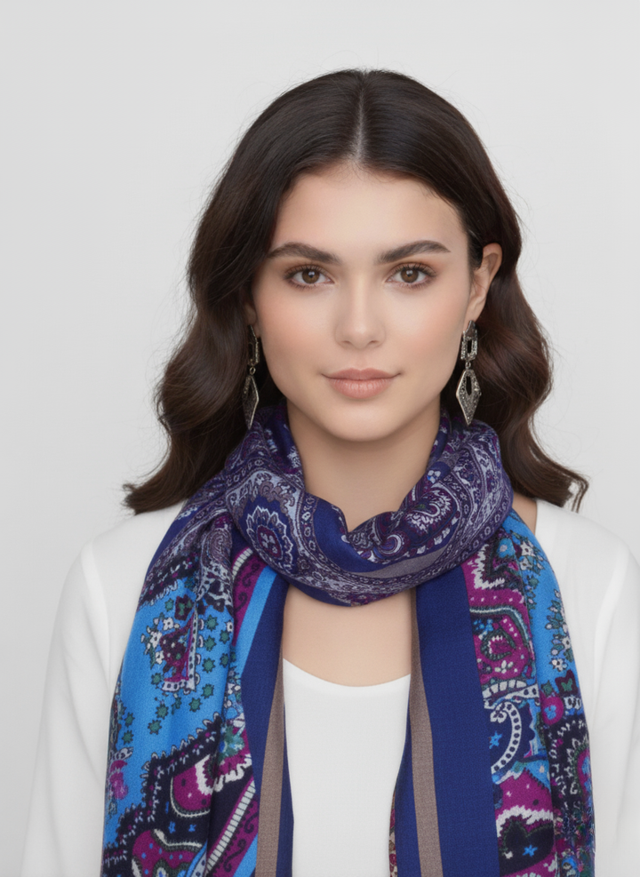 Light Blue/Magenta/Navy Paisley Damask Fringe Scarf