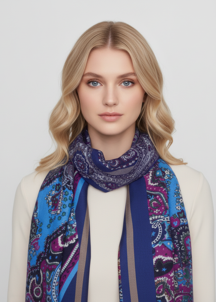 Light blue, magenta, and navy paisley damask scarf with fringe ends