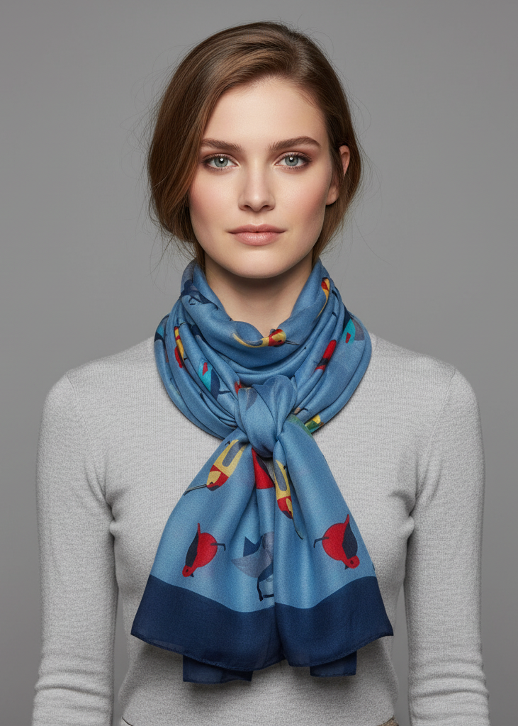 Light blue lightweight summer scarf with multicolor graphic bird print design for women