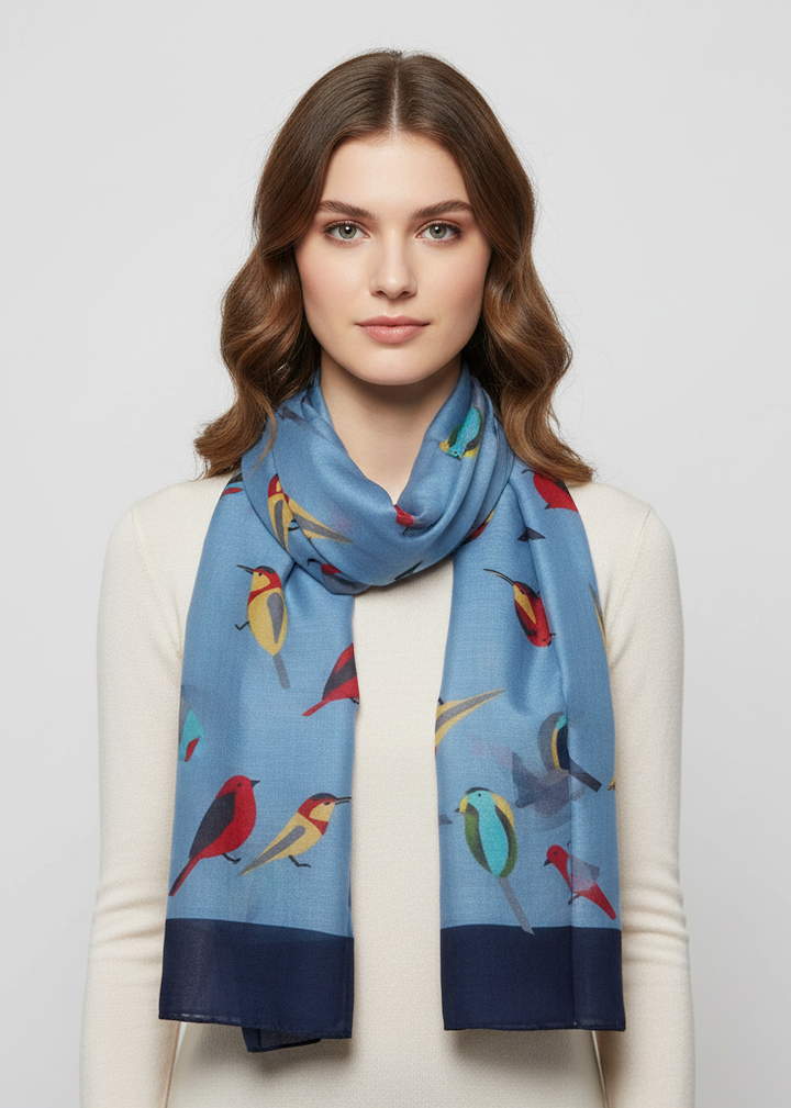 Lightweight vintage style light blue scarf featuring a repeating finch bird print pattern for women