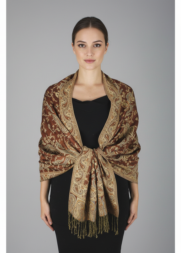Elegant light brown and peach double-layer reversible pashmina shawl featuring an intricate paisley pattern and fringed edges.