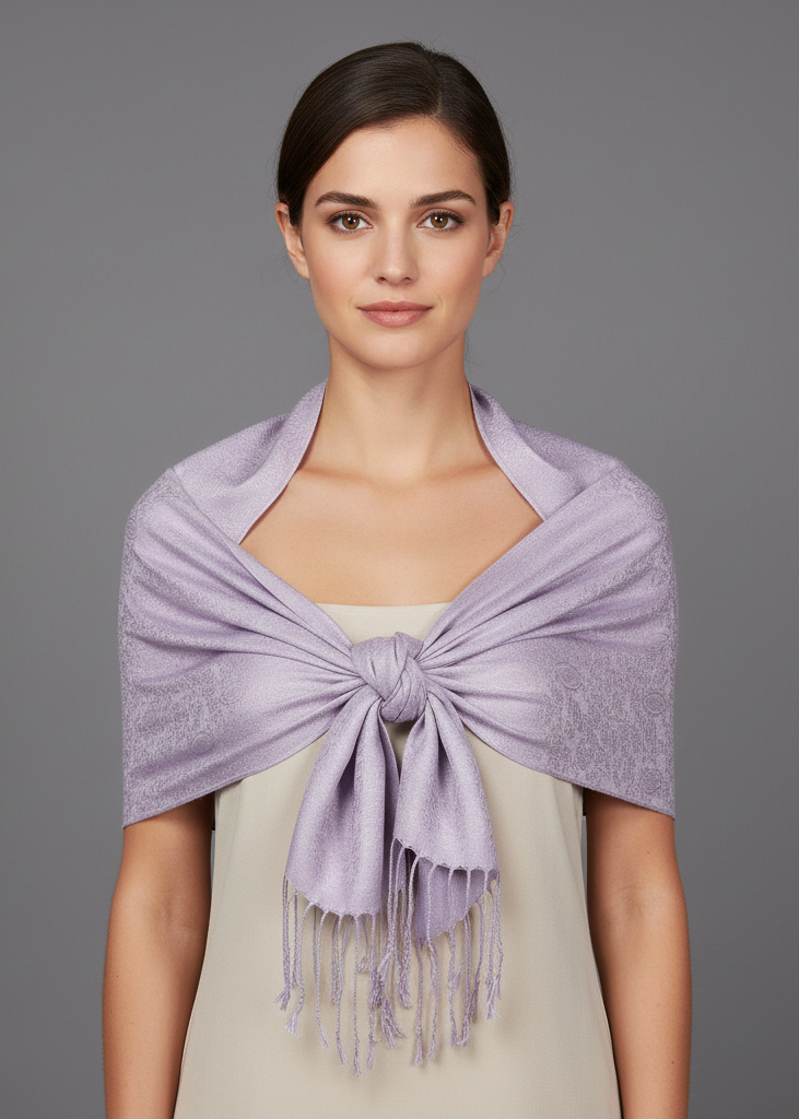 Light lavender double layer hues of purple jacquard paisley pashmina feel shawl wrap.