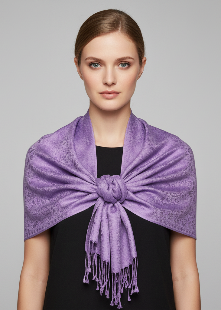 Double layer light purple jacquard paisley pashmina feel shawl wrap with intricate floral patterns.