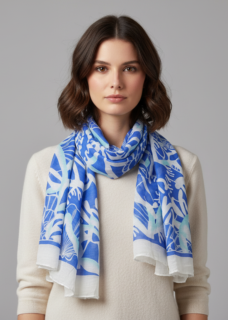 Lightweight cotton blend scarf with a blue and white nautical theme.