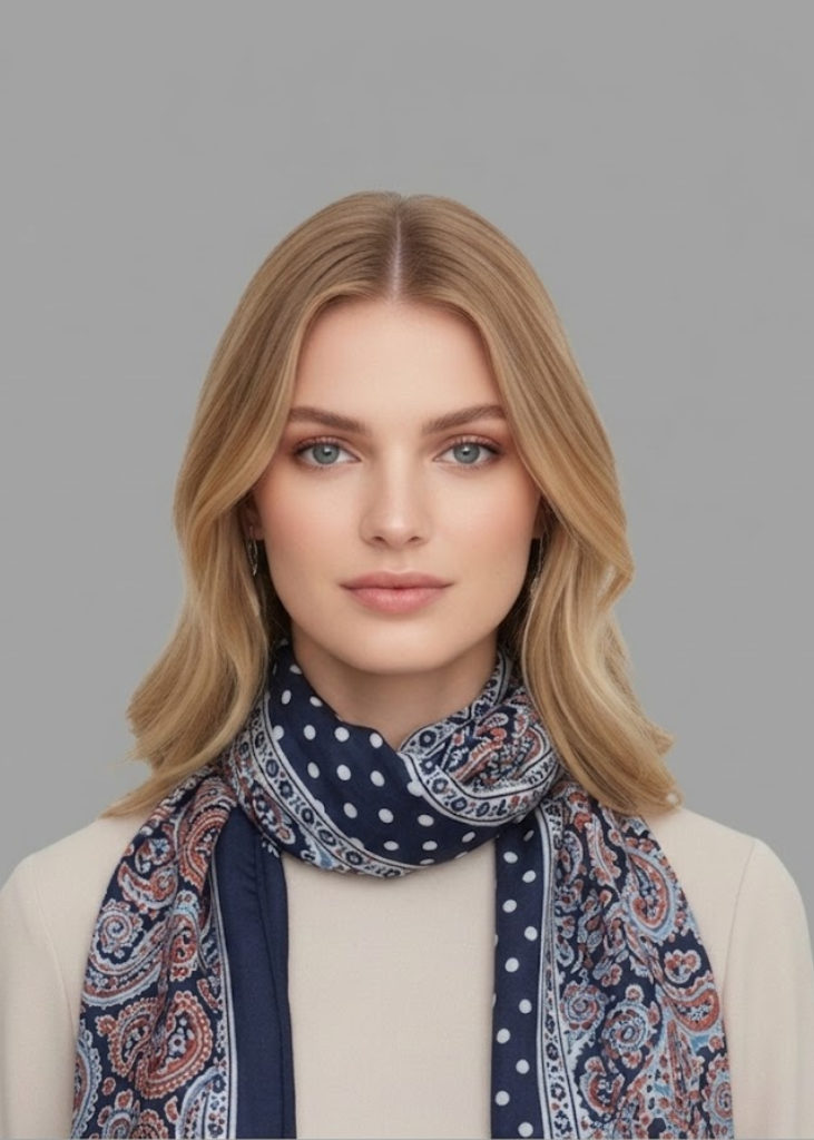Lightweight navy blue scarf featuring an intricate white damask and paisley floral pattern with a soft woven texture