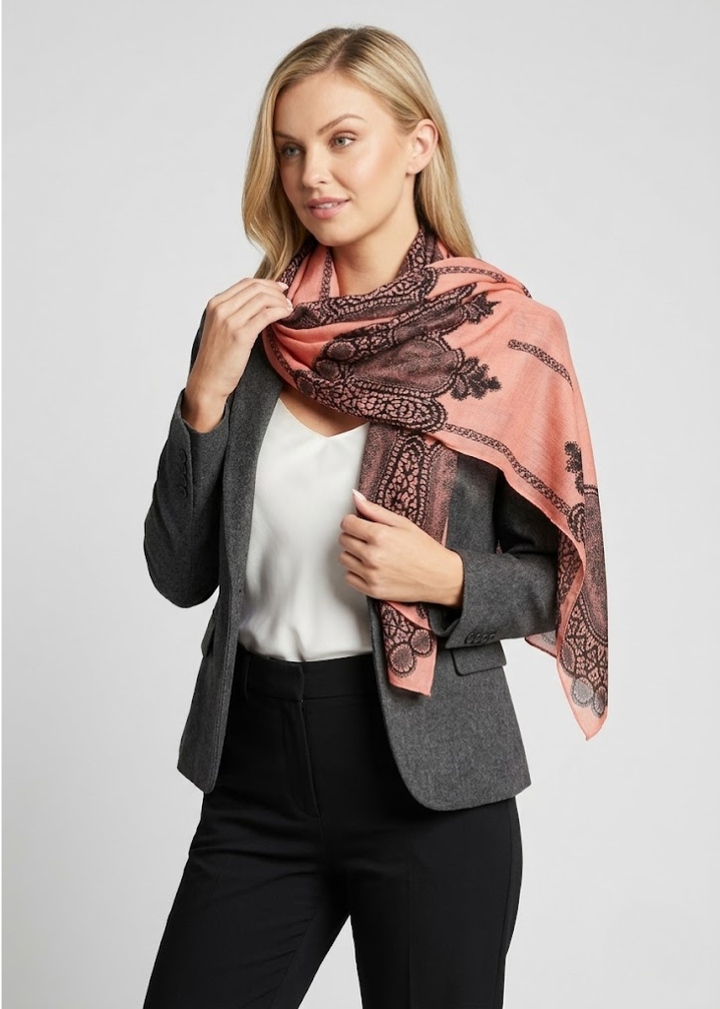 Lightweight Coral Paisley Damask Floral Scarf Long Pashmina Shawl