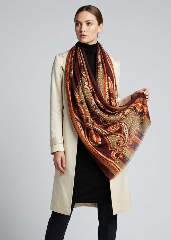 Lightweight Olive Purple Paisley Damask Floral Scarf