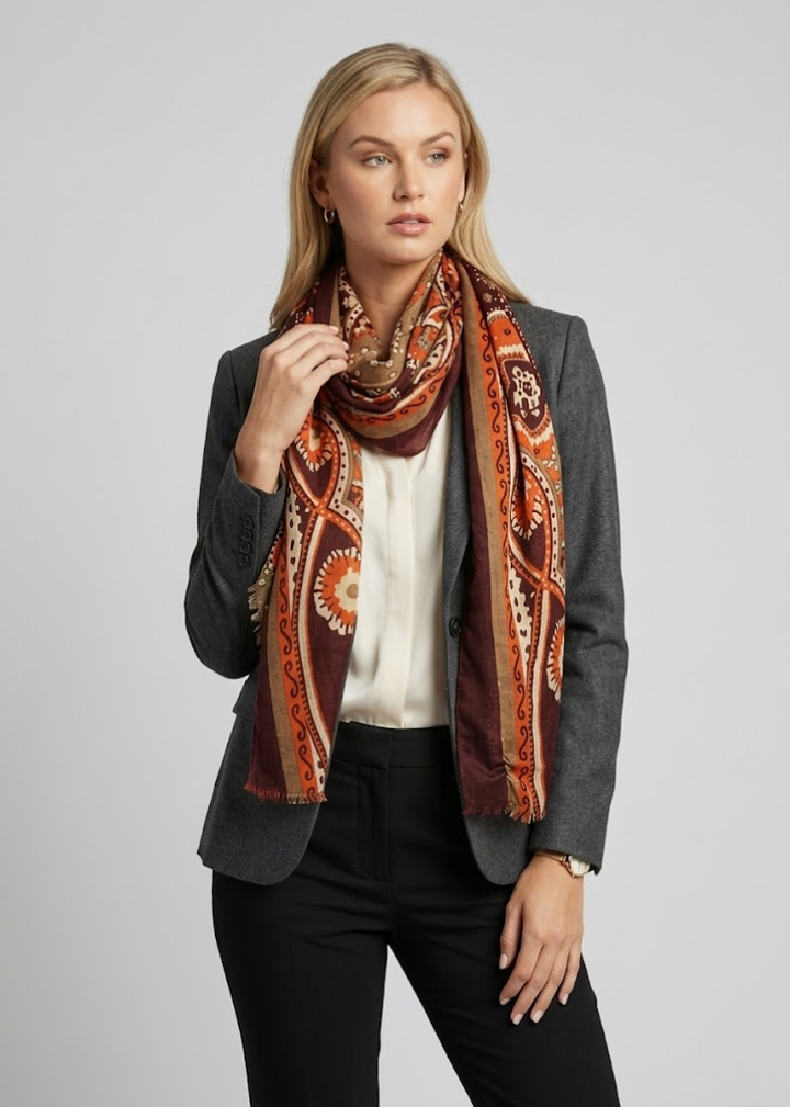 Lightweight Olive Purple Paisley Damask Floral Scarf