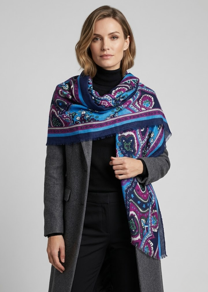Lightweight Tan Magenta Blue Navy Paisley Damask Floral Scarf