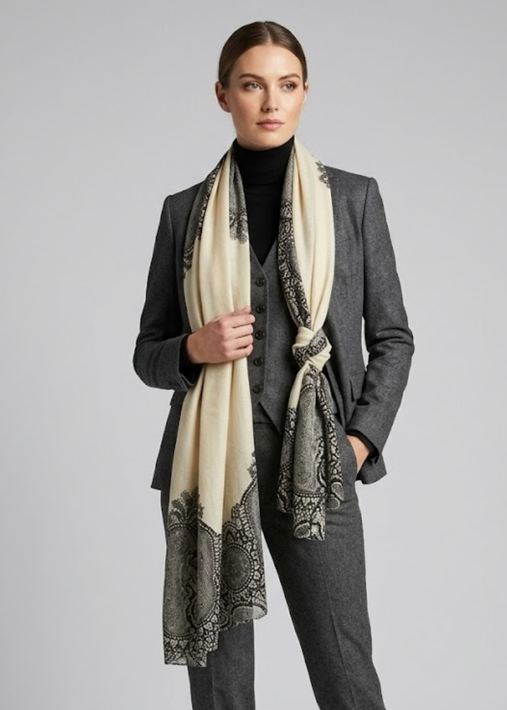 Lightweight Tan Paisley Damask Floral Scarf