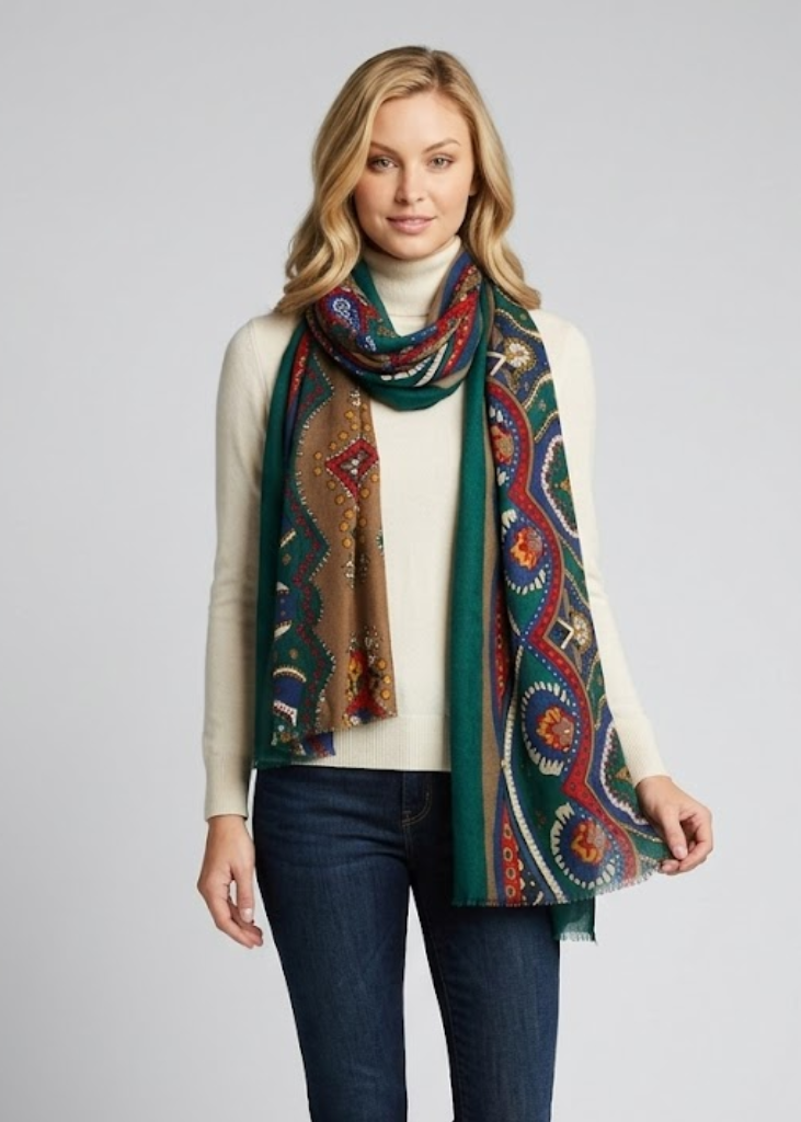 Lightweight Taupe Blue Green Paisley Damask Floral Scarf