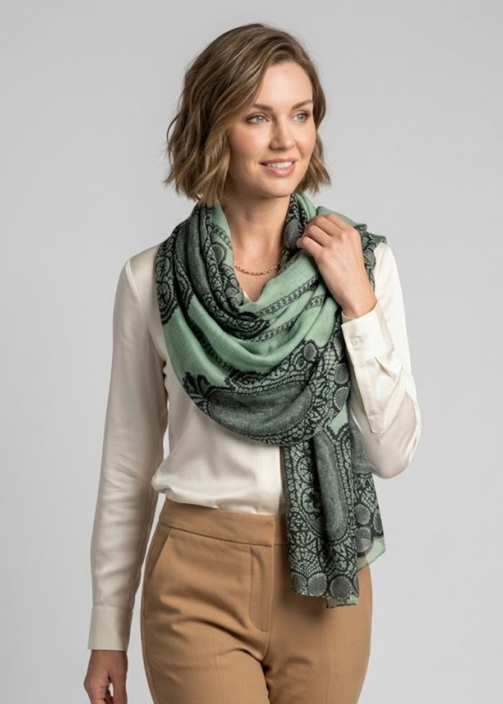 Lightweight Teal Paisley Damask Floral Scarf