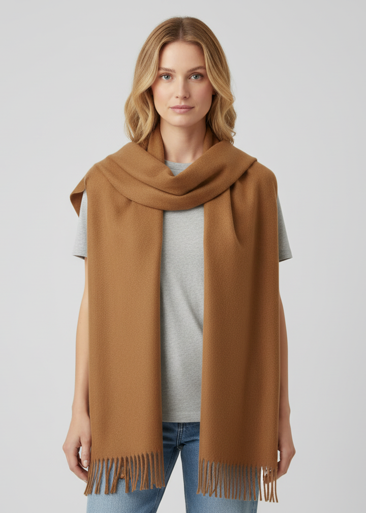 Elegant camel-colored cashmere pashmina shawl and luxurious wrap for women.