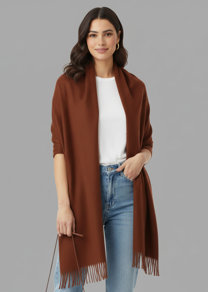 Elegant chocolate brown cashmere pashmina shawl and soft luxury wrap for women.