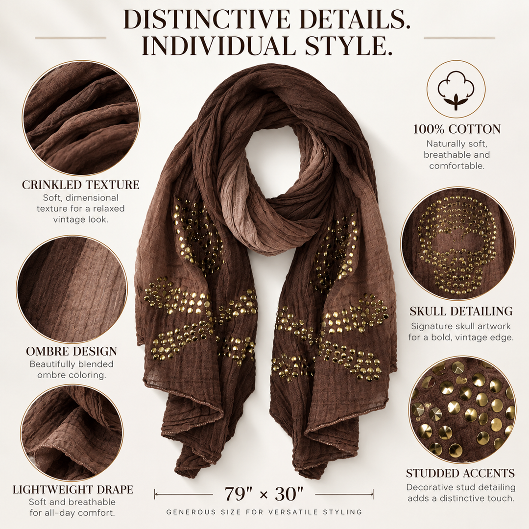 Peach Couture Womens Vintage Cotton Crinkled Ombrè Skull Studded Scarf Shawl Wrap Brown