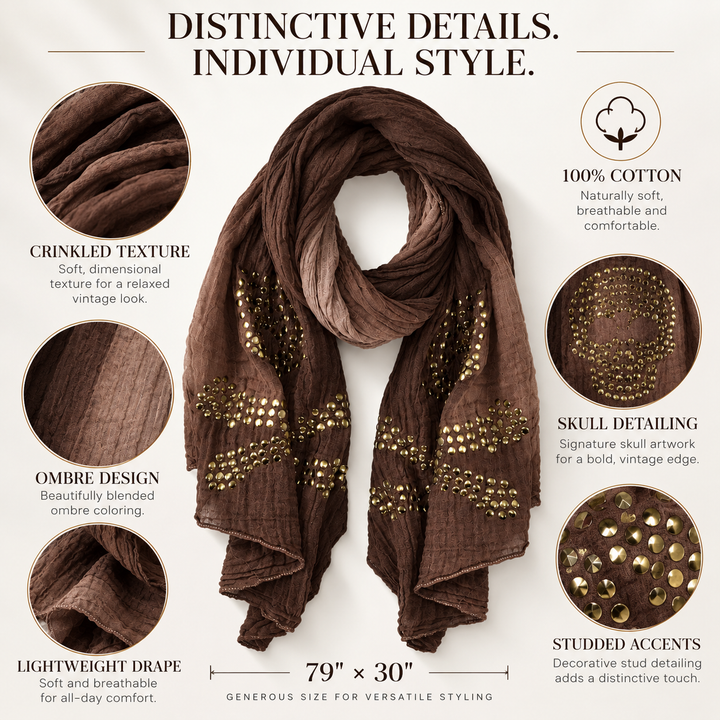 Peach Couture Womens Vintage Cotton Crinkled Ombrè Skull Studded Scarf Shawl Wrap Brown