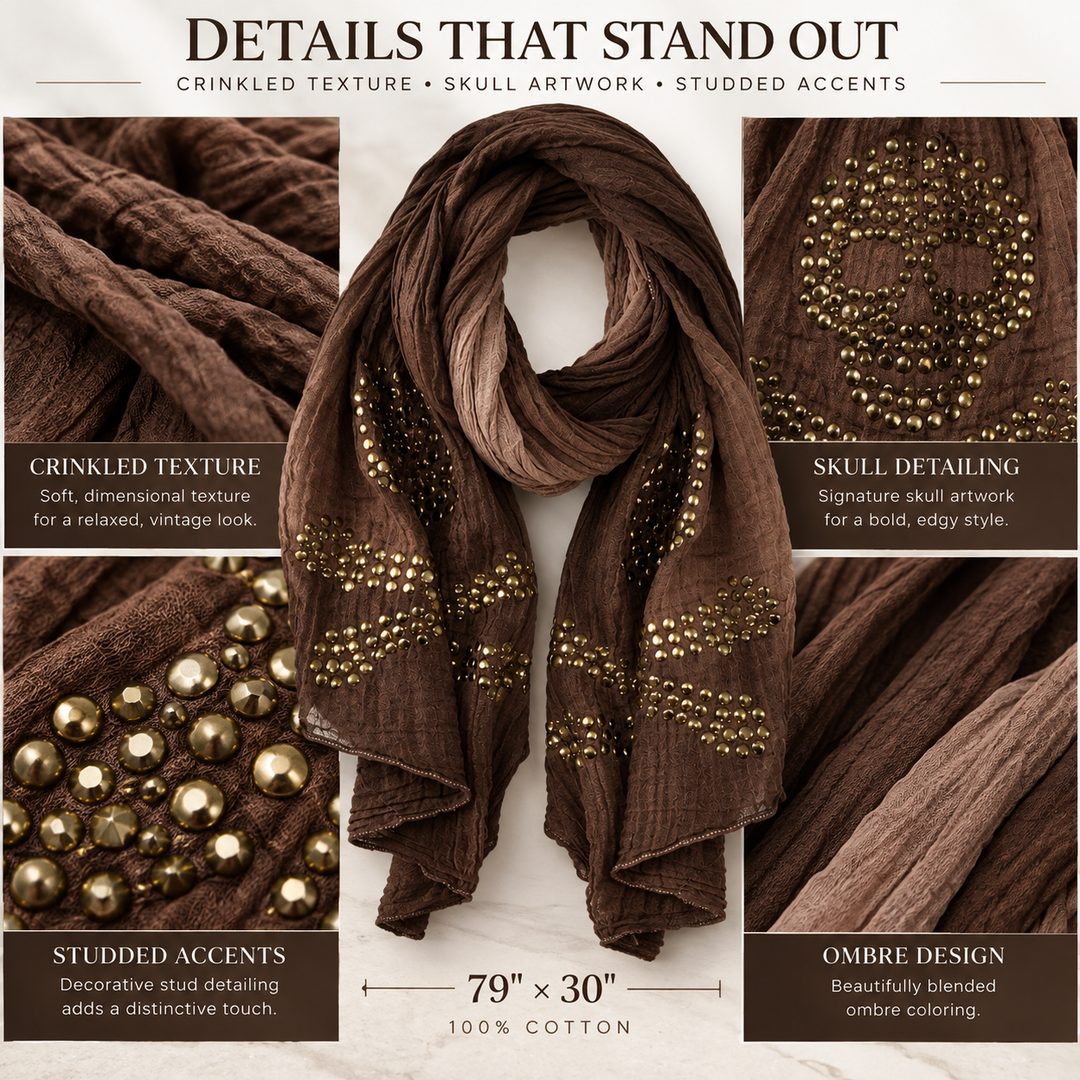 Peach Couture Womens Vintage Cotton Crinkled Ombrè Skull Studded Scarf Shawl Wrap Brown