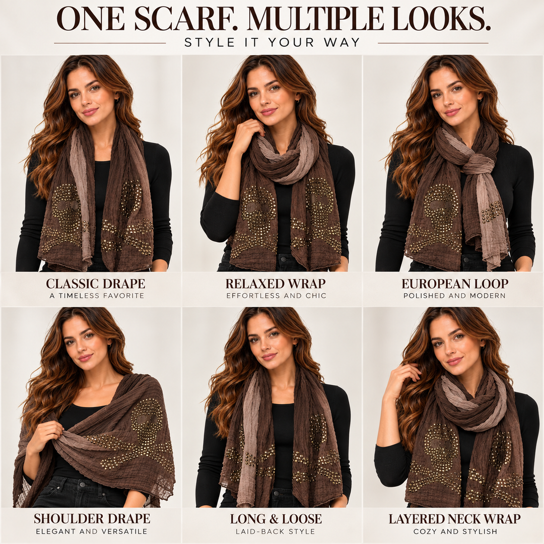 Peach Couture Womens Vintage Cotton Crinkled Ombrè Skull Studded Scarf Shawl Wrap Brown