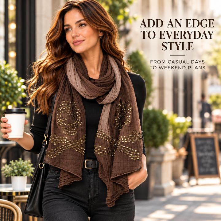 Peach Couture Womens Vintage Cotton Crinkled Ombrè Skull Studded Scarf Shawl Wrap Brown