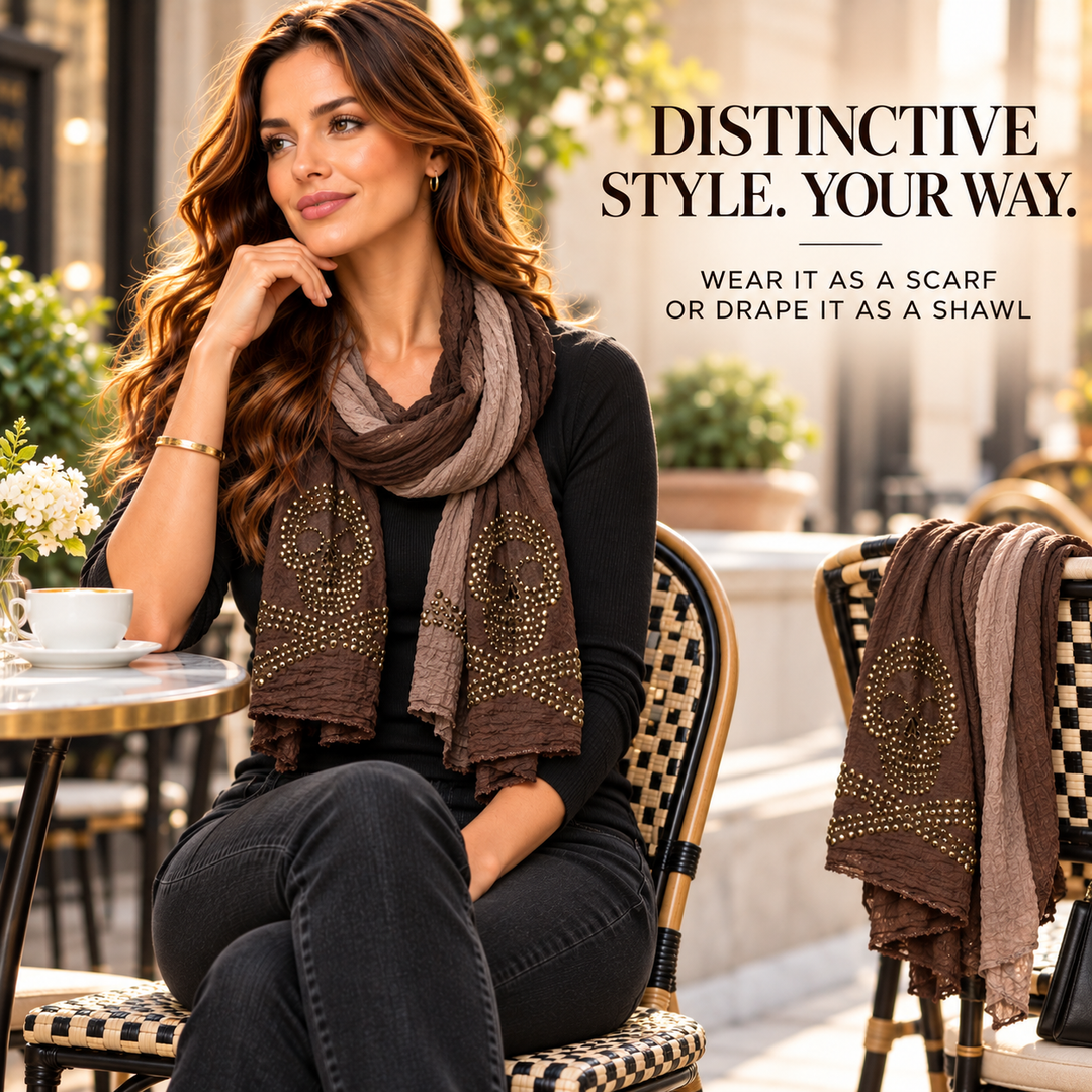 Peach Couture Womens Vintage Cotton Crinkled Ombrè Skull Studded Scarf Shawl Wrap Brown