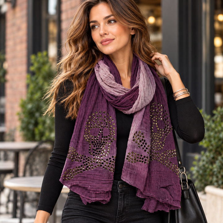Peach Couture Womens Vintage Cotton Crinkled Ombrè Skull Studded Scarf Shawl Wrap Purple