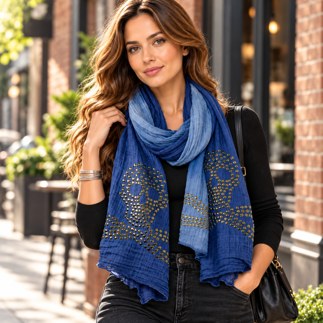 Peach Couture Womens Vintage Crinkled Ombrè Skull Studded Scarf Shawl Wrap Blue