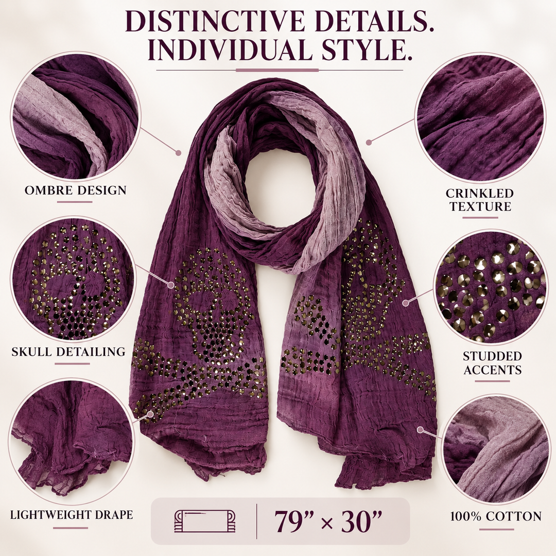 Peach Couture Womens Vintage Cotton Crinkled Ombrè Skull Studded Scarf Shawl Wrap Purple