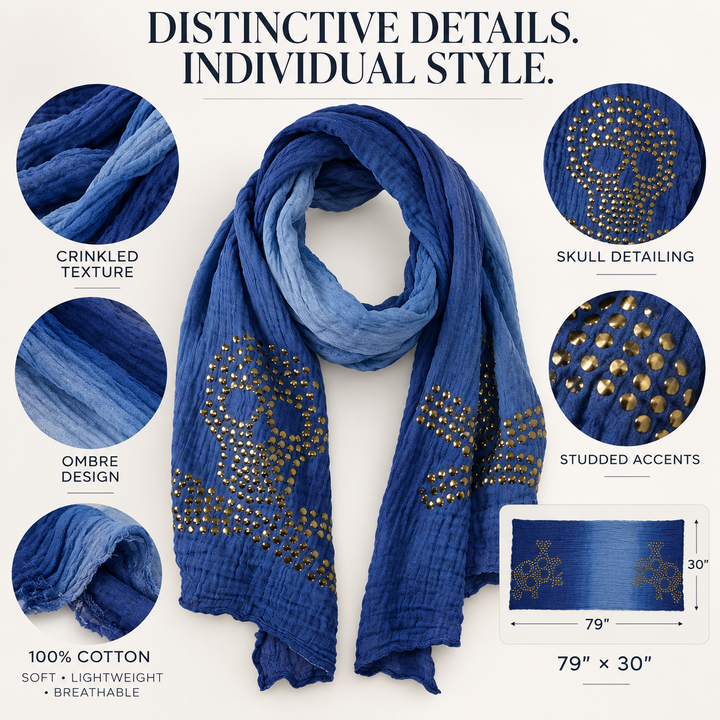 Peach Couture Womens Vintage Crinkled Ombrè Skull Studded Scarf Shawl Wrap Blue