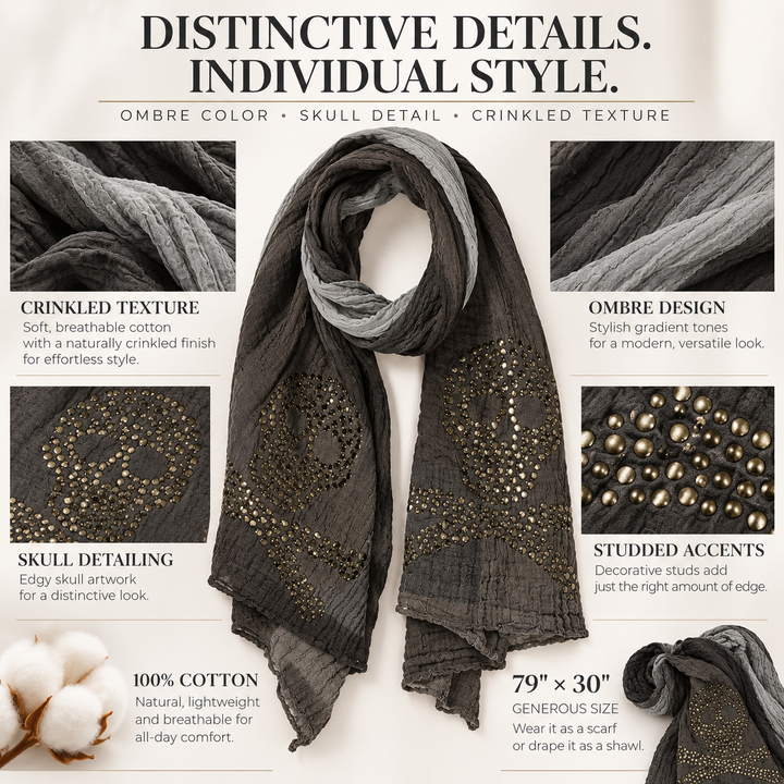 Peach Couture Womens Vintage Cotton Crinkled Ombrè Skull Studded Scarf Shawl Grey