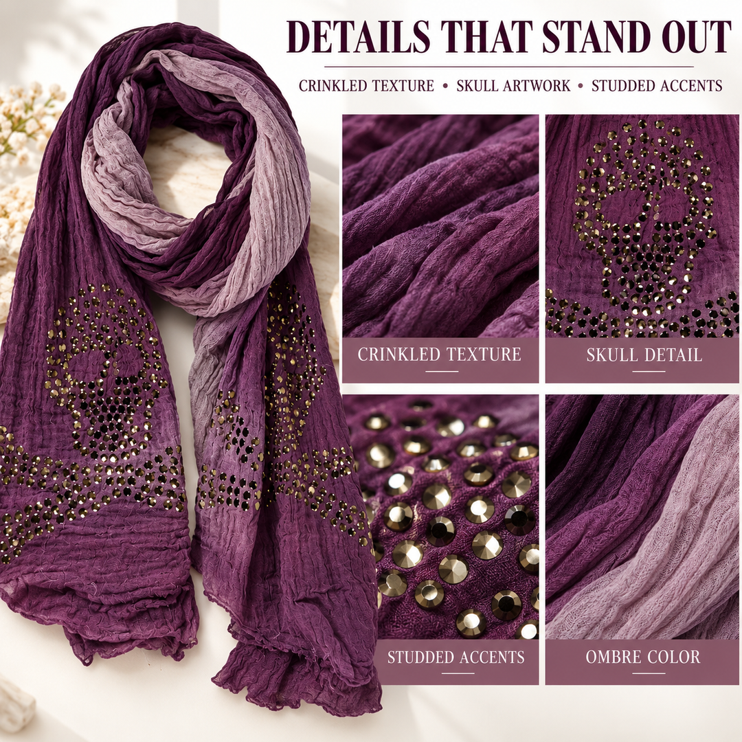 Peach Couture Womens Vintage Cotton Crinkled Ombrè Skull Studded Scarf Shawl Wrap Purple