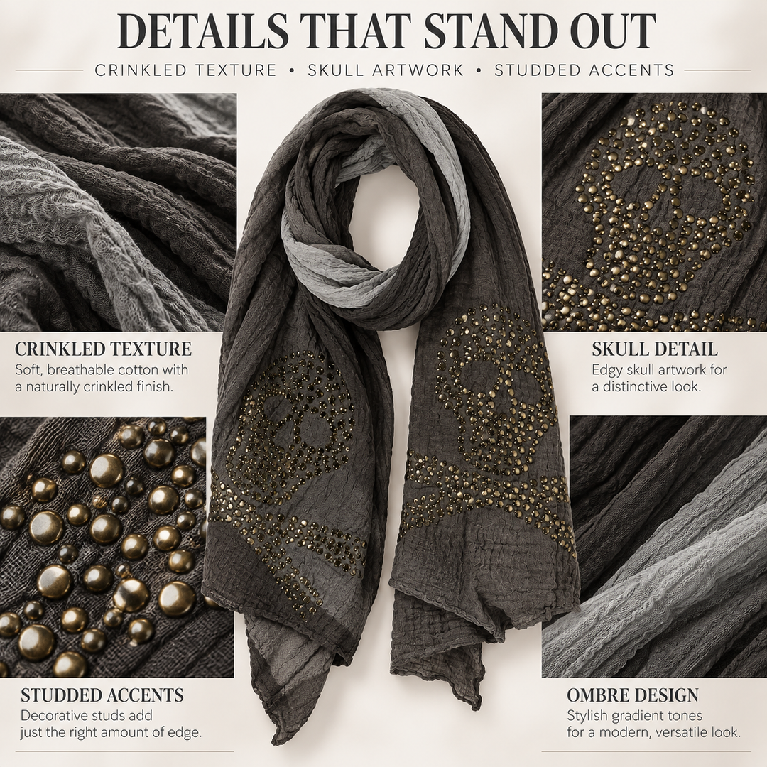 Peach Couture Womens Vintage Cotton Crinkled Ombrè Skull Studded Scarf Shawl Grey