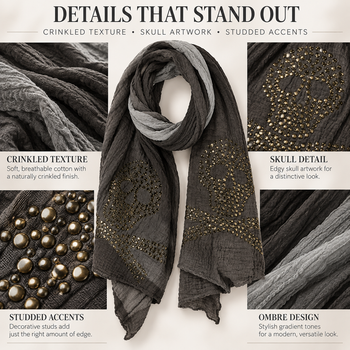 Peach Couture Womens Vintage Cotton Crinkled Ombrè Skull Studded Scarf Shawl Grey