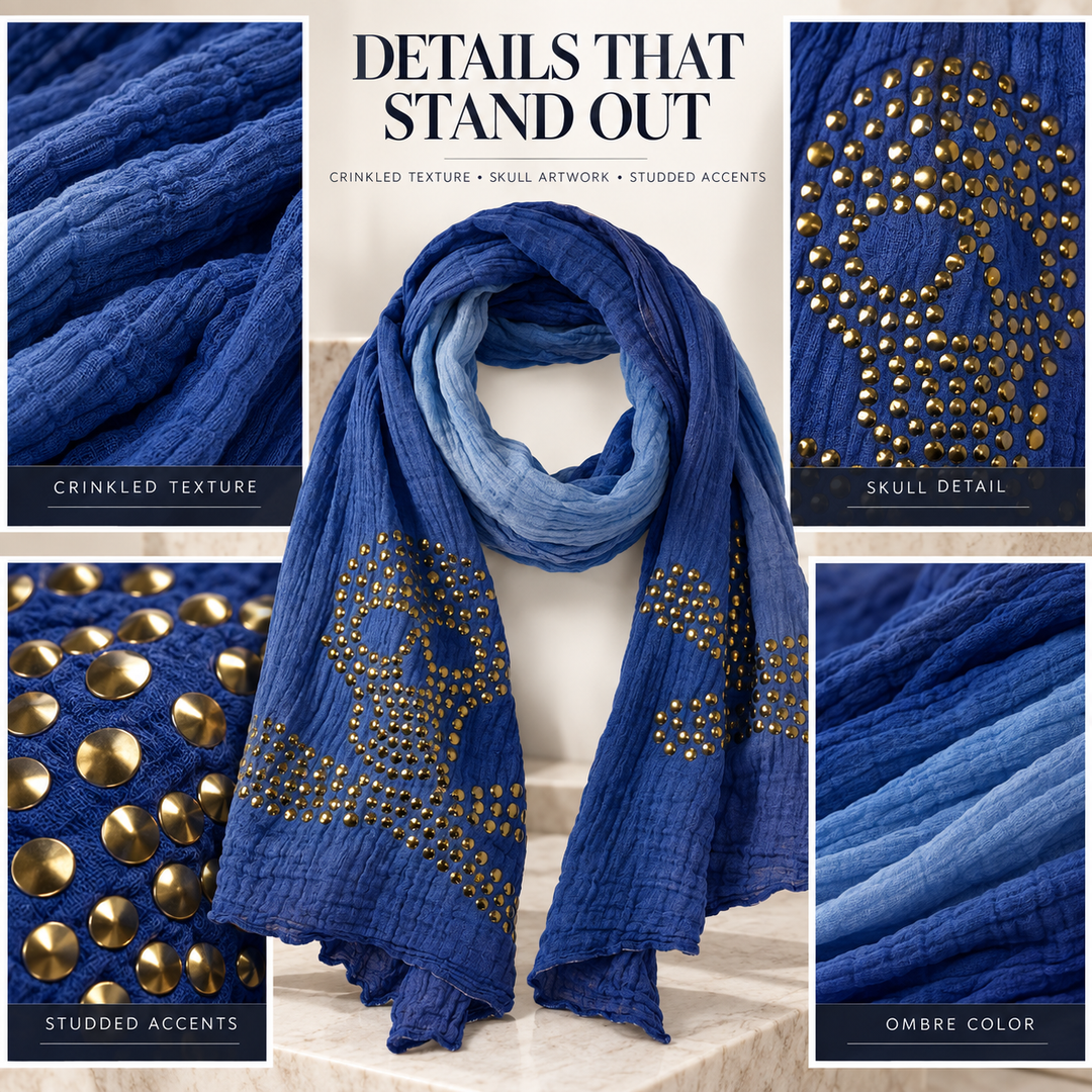 Peach Couture Womens Vintage Crinkled Ombrè Skull Studded Scarf Shawl Wrap Blue