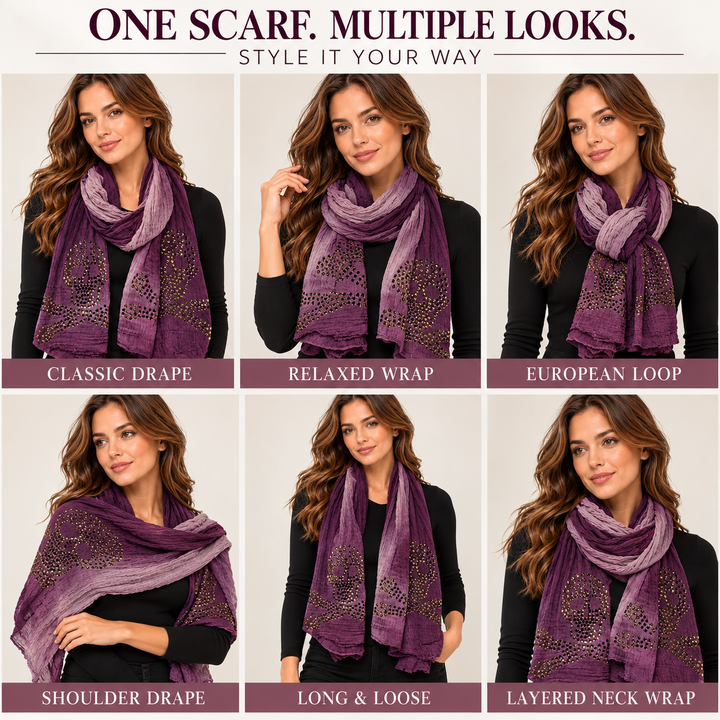 Peach Couture Womens Vintage Cotton Crinkled Ombrè Skull Studded Scarf Shawl Wrap Purple
