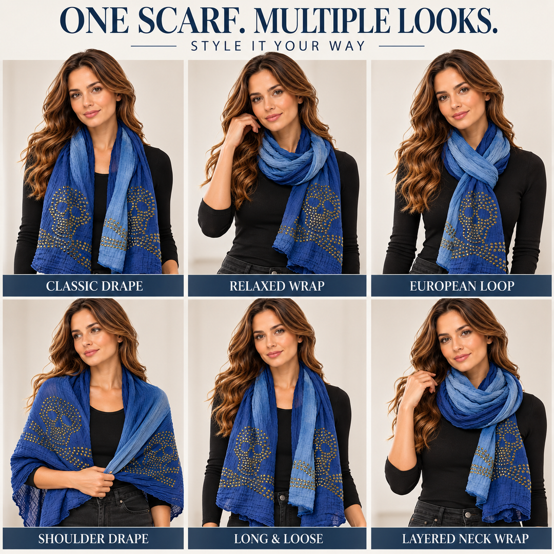 Peach Couture Womens Vintage Crinkled Ombrè Skull Studded Scarf Shawl Wrap Blue