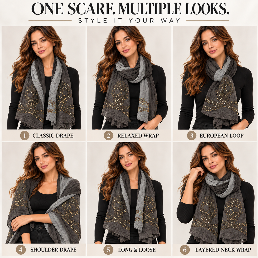 Peach Couture Womens Vintage Cotton Crinkled Ombrè Skull Studded Scarf Shawl Grey