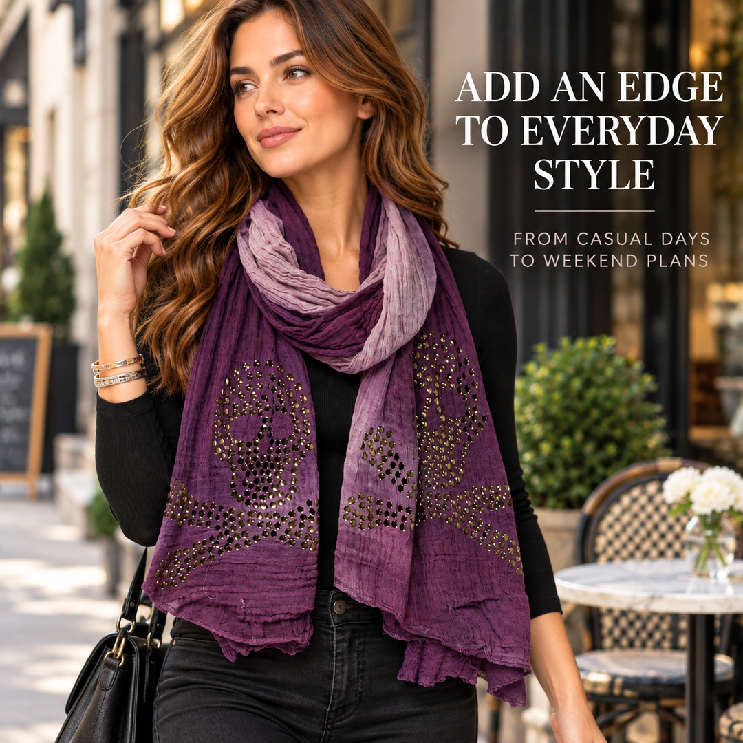 Peach Couture Womens Vintage Cotton Crinkled Ombrè Skull Studded Scarf Shawl Wrap Purple